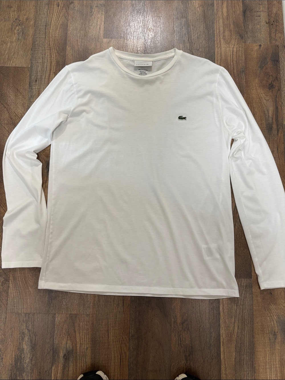Lacoste Men's Long Sleeve Crewneck Tee in White with Green Logo